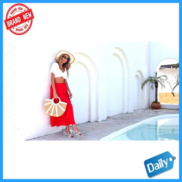 Midi Skirt Elastic High Waist A-Line Flowy Flared Ruffle Casual - Picture 7 of 7